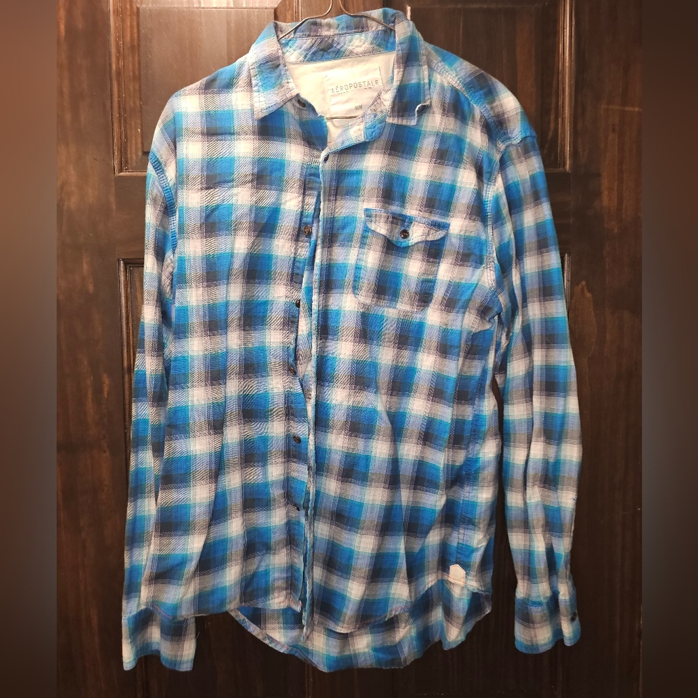 Aeropostale Blue Plaid Casual Button Down Shirt